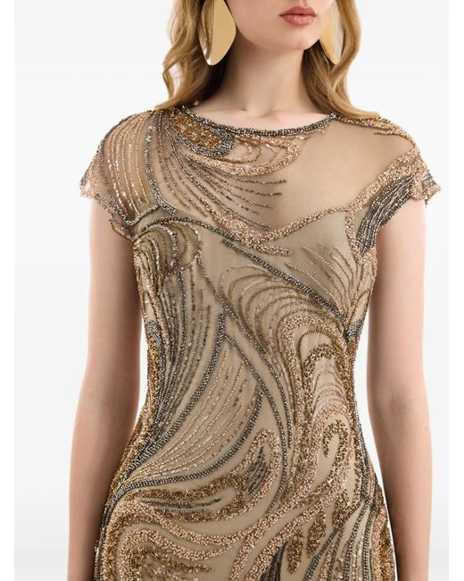 Gemy Maalouf Natural Beaded Embroidered Maxi Dress