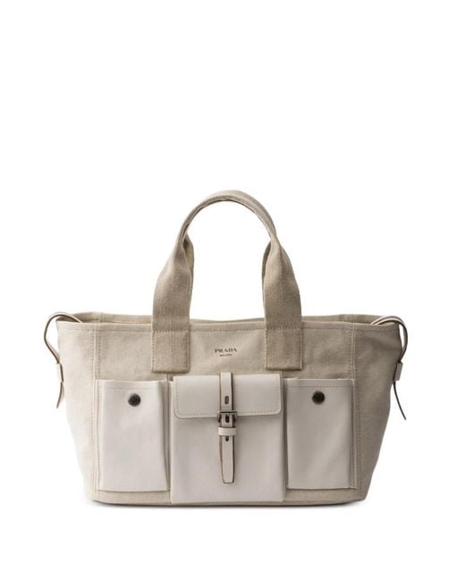 Prada Natural Route Large Canvas And Leather Tote Bag