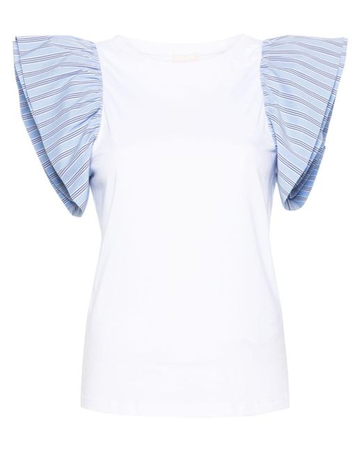 Liu Jo Blue Stripe Ruffle-sleeve T-shirt