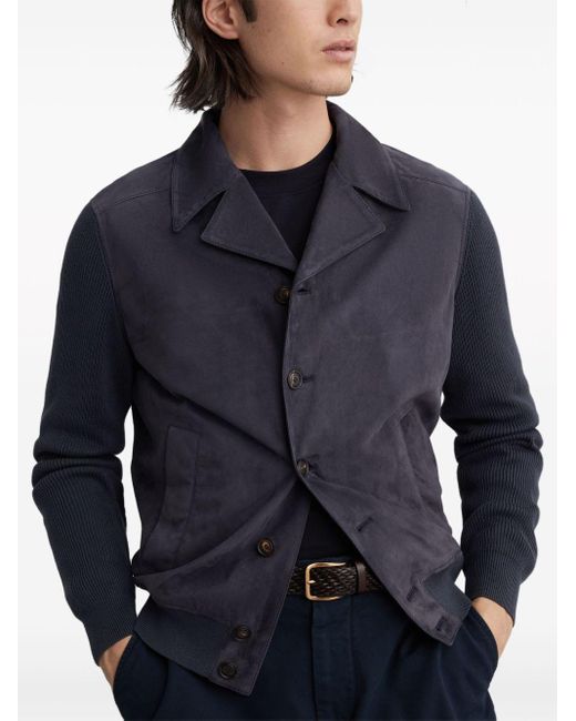 Brunello Cucinelli Blue Knit-panelled Suede Jacket for men