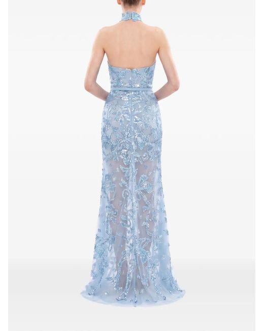 Saiid Kobeisy Blue Sequin-Embroidered Halterneck Maxi Dress