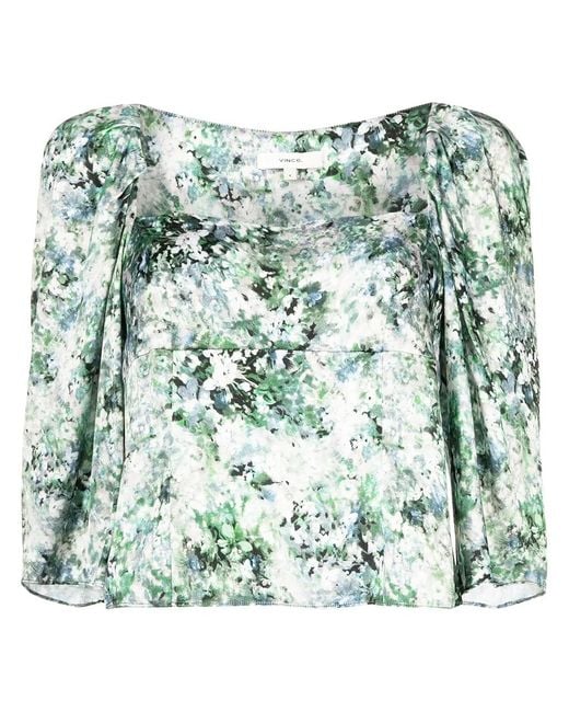Vince Green Floral-Print Square-Neck Blouse