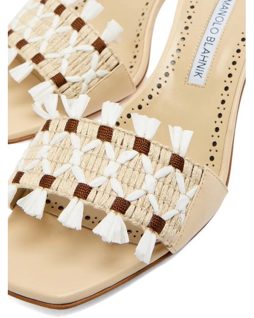 Manolo Blahnik Natural Woven-Detail Fringed Mules