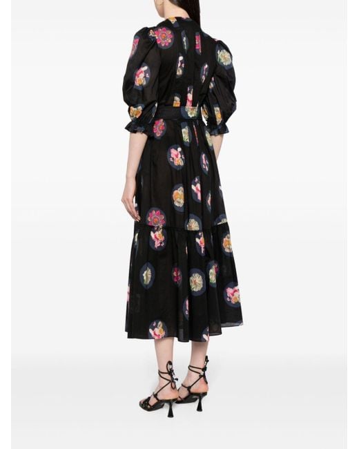 Cynthia Rowley Black Floral-print Puff-sleeve Midi Dress