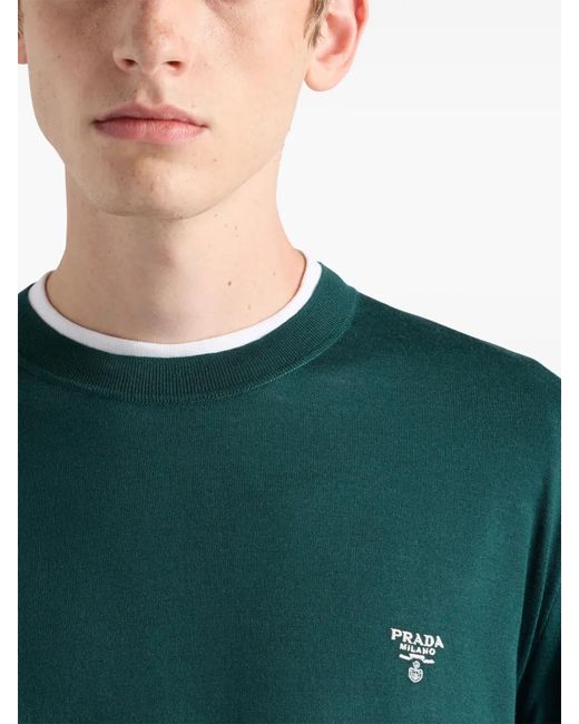 Prada Green Logo-Embroidered Wool Jumper for men