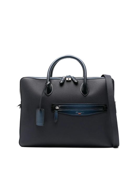 Santoni Blue Zip Leather Laptop Bags for men