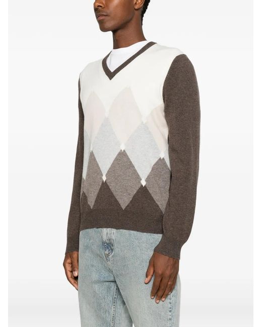 Vengera Brown Argyle-Pattern V-Neck Sweater for men