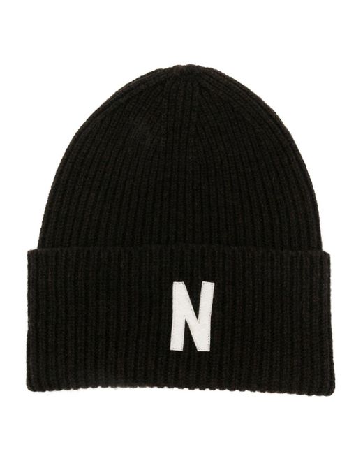 Norse Projects Black Logo-Patch Beanie Hat for men