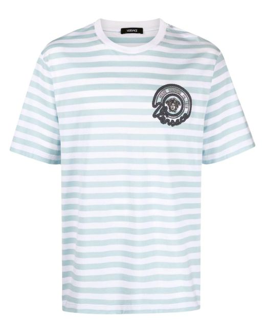 Versace Gestreiftes T-Shirt mit Logo-Stickerei in Blue für Herren