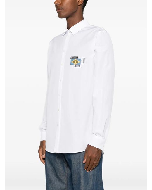 Moschino White Logo-Patch Button-Down Shirt for men