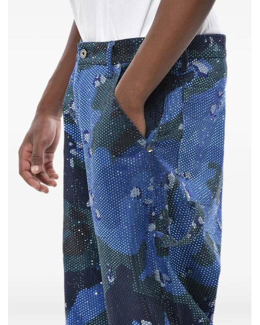 Off-White c/o Virgil Abloh Blue Camouflage-Print Rhinestone-Embellished Jeans for men