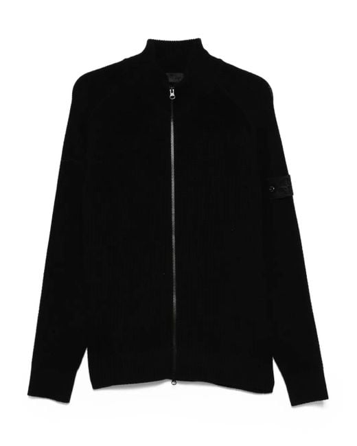 Stone Island Black Ribbed Zip-Up Cardigan for men