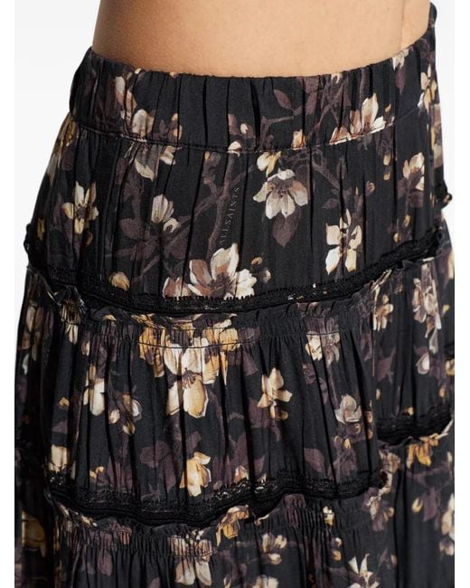 AllSaints Black Ruffled Floral-Print Maxi Skirt