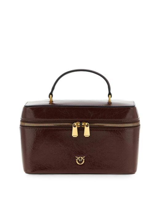 Pinko Brown Love Birds Crumpled-Effect Leather Tote Bag