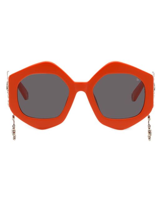 Philipp Plein Red Skull-charm Hexagon-frame Sunglasses