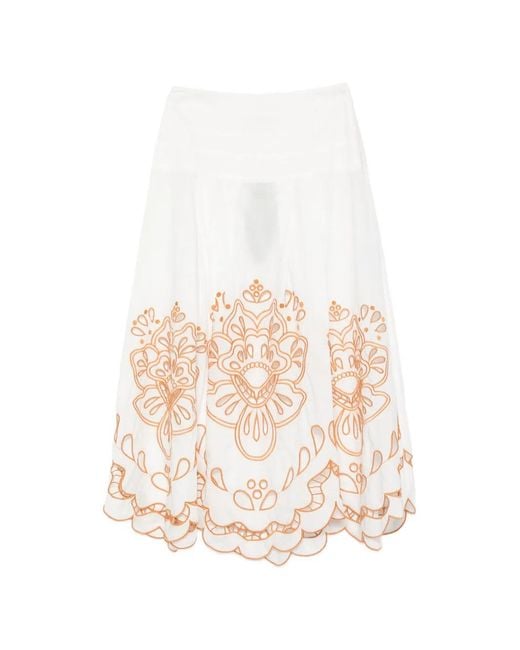 Farm Rio White Trop Floral-Embroidery Midi Skirt
