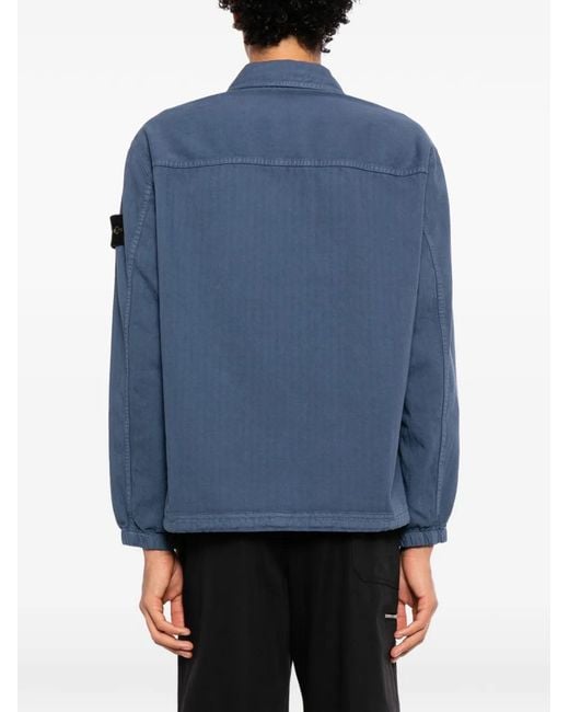 Stone Island Blue Compass-Patch Herringbone Shirt for men