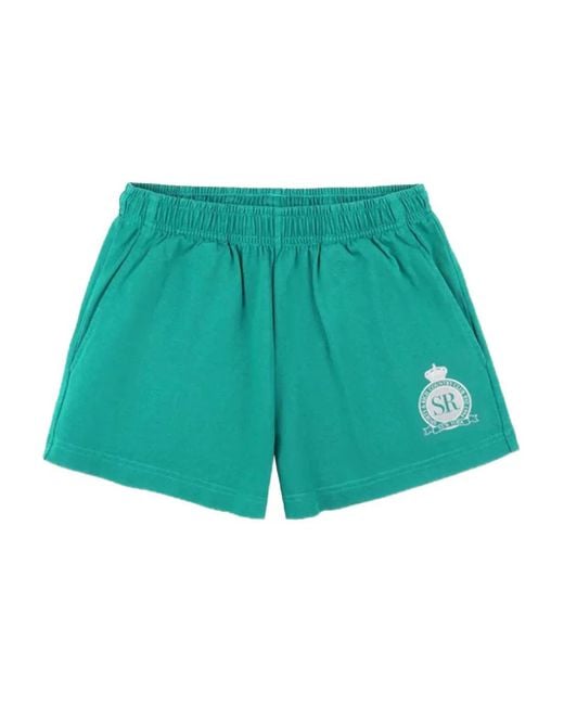 Sporty & Rich Green Logo-Print Elastic-Waist Shorts