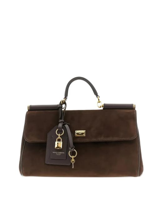 Dolce & Gabbana Brown Mein Wildleder -Einkaufstasche mit einem Sizilien -Vorhängeschloss dekoriert