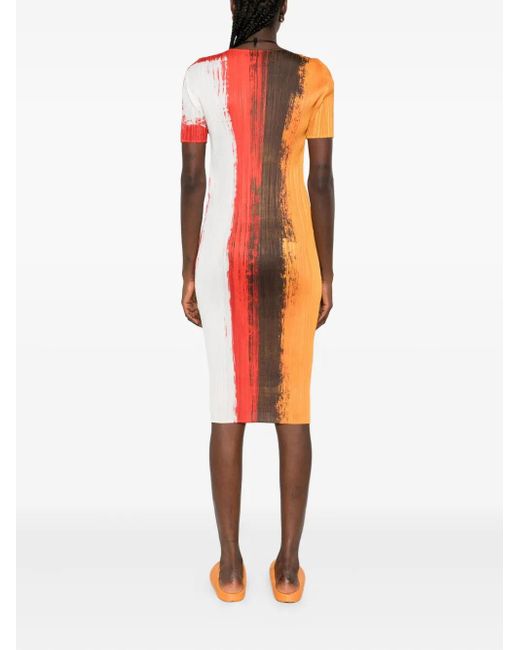 Robe Mi-Longue Plissée À Effet Taches De Peinture Pleats Please Issey Miyake en coloris Orange