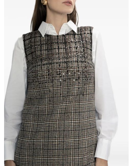 Brunello Cucinelli Gray Sequin-Embellished Check-Pattern Dress
