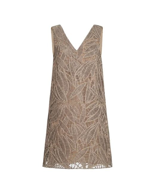Brunello Cucinelli Brown Linen And Cotton Dazzling Cacao Leaves Embroidery Mini Dress