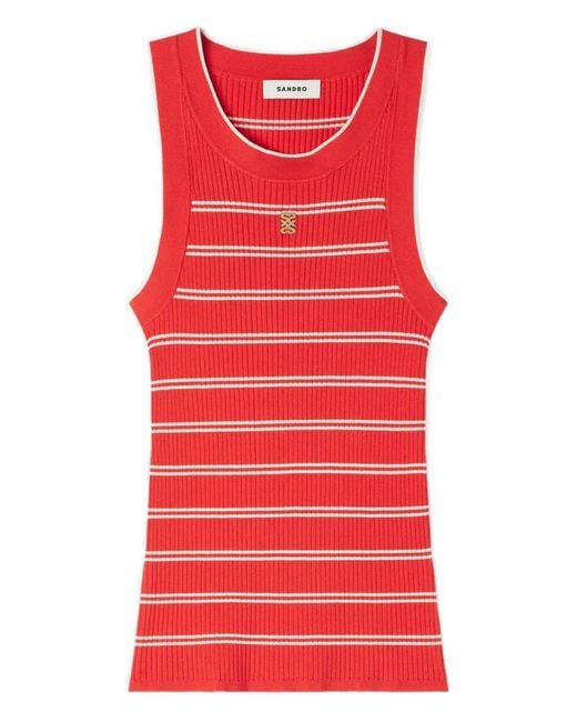Sandro Red Striped-Pattern Logo-Plaque Tank Top