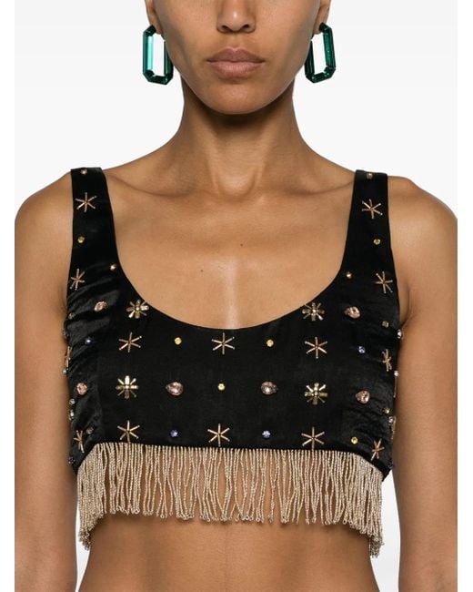 Forte_forte Black Fringed Bead-Embellished Crop Top