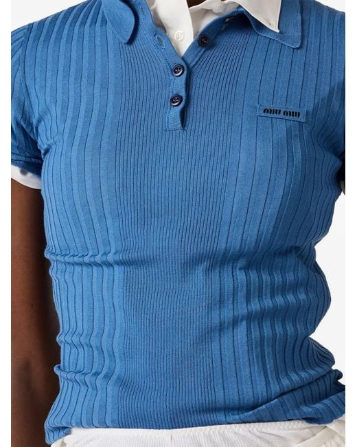 Miu Miu Blue Logo-Plaque Polo Top