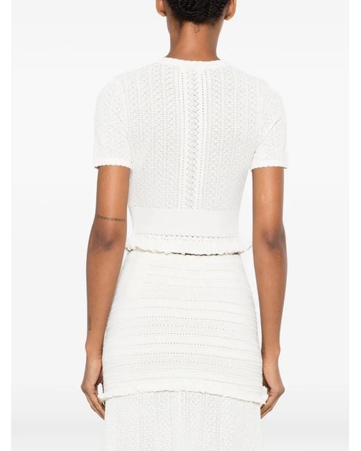 Sandro White Cardigan En Maille Pointelle À Volants