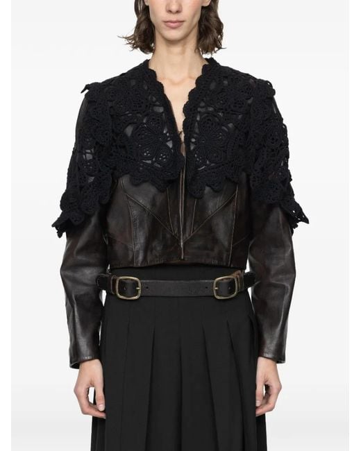 Sea Black Crochet-Overlay Leather Jacket
