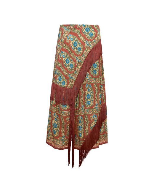 Hunter Bell Brown Allyne Fringe-Trimmed Paisley-Print Midi Skirt