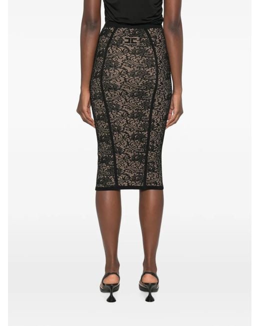 Elisabetta Franchi Black Lace-Pattern Logo-Detail Midi Skirt