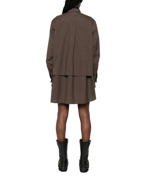Sacai Brown Long-Sleeve Layered Mini Shirt Dress