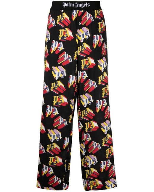 Palm Angels Blue Logo-Print Straight-Leg Trousers for men
