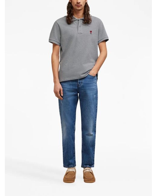 AMI Gray Logo-Embroidered Cotton Polo Shirt