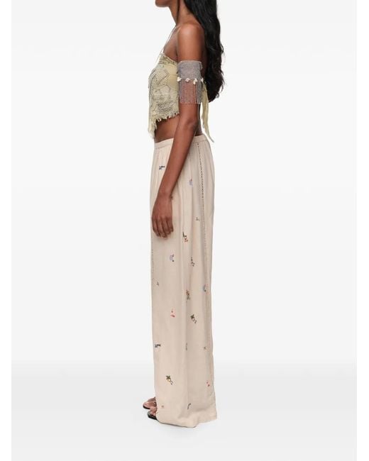 Bimba Y Lola White Wide Linen Trousers With Lace And Mini Embroidery