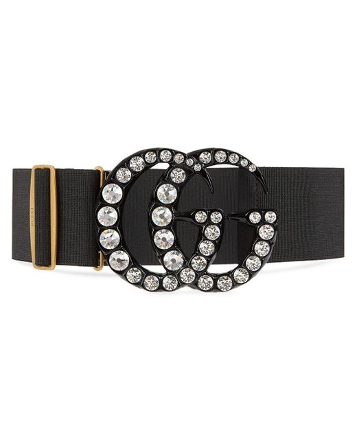 Gucci Black Elastic Belt With Crystal Double G Buckle