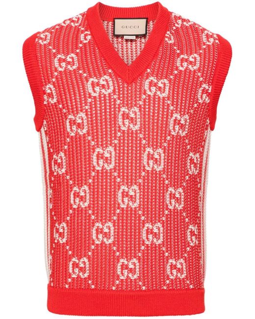 Gucci Red GG Intarsia-knit Sleeveless Jumper for men
