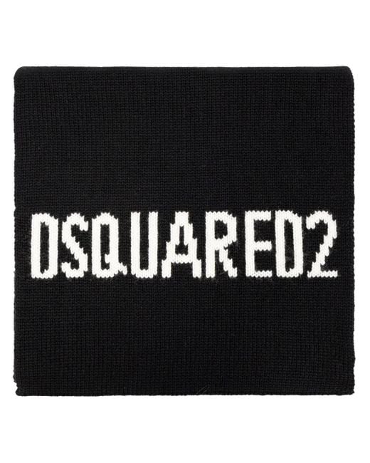 DSquared² Black Logo Intarsia-Knit Wool Scarf for men