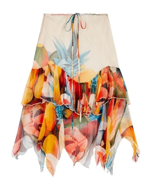 Donde Esteban White Ruffled Chiffon Silk Midi Skirt