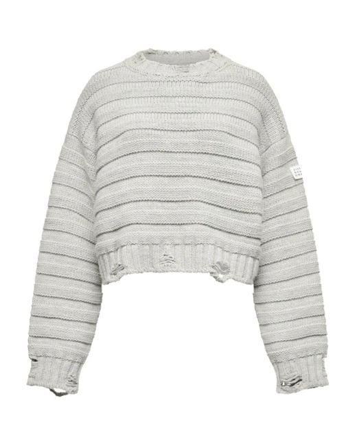 MM6 by Maison Martin Margiela White Cropped Sweater With Ribbed Knit