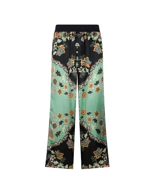 Roberto Cavalli Green Floral-Print Wide-Leg Trousers for men