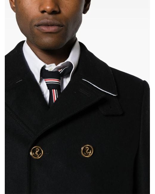 Thom Browne Black Double-Breasted Wool Peacoat for men