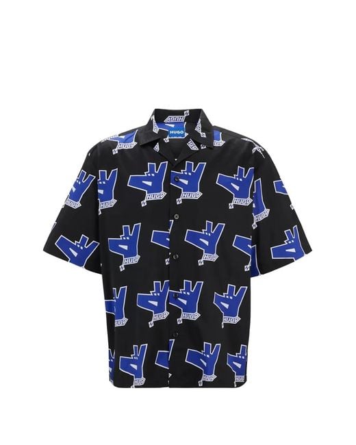 HUGO Blue Graphic-Print Short-Sleeved Shirt for men