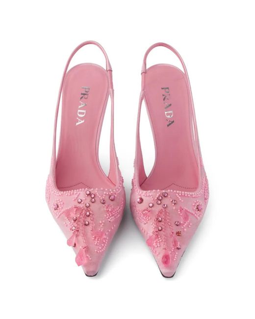 Prada Pink Embroidered Satin Slingback Pumps