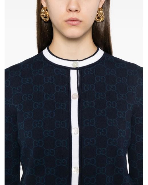 Gucci Blue Gg Fine Cotton Jacquard Cardigan