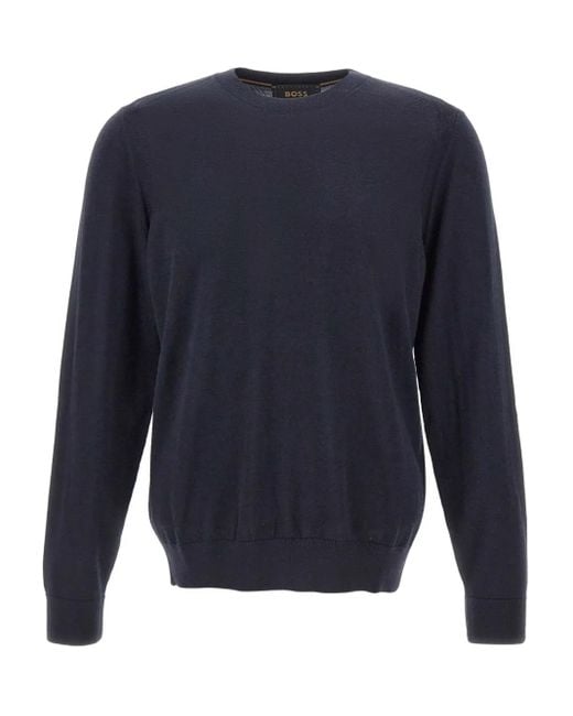 Boss Blue Crew-Neck Ribbed-Hem Sweater for men