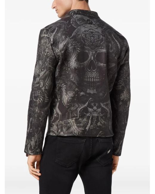 Philipp Plein Gray Skull Studded Biker Jacket for men