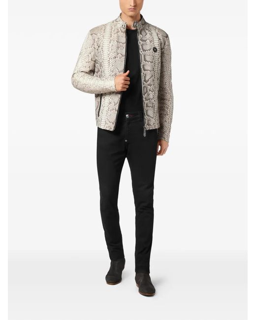 Philipp Plein White Python-Leather Moto Jacket for men